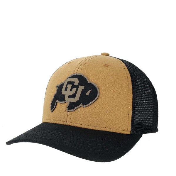 A black hat with a mesh backing and snapback adjustability, with a gold front that has a cu buffalo logo embroidered on it.